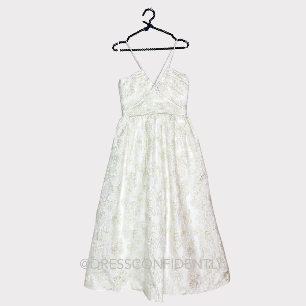 NWT MONIQUE LHUILLIER Spaghetti strap Metallic Jacquard Midi Dress - Ivory - Picture 8 of 16